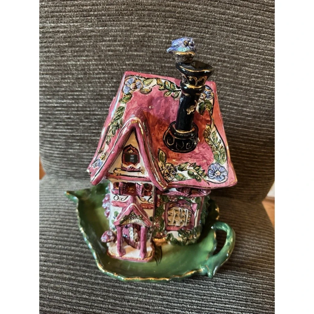 Blue Sky Clayworks Heather Goldminc Cozy Corner House CandleHolder w/Under Plate